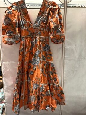 LOVE THE LABEL Orange Floral Puff-Sleeve Midi Dress
